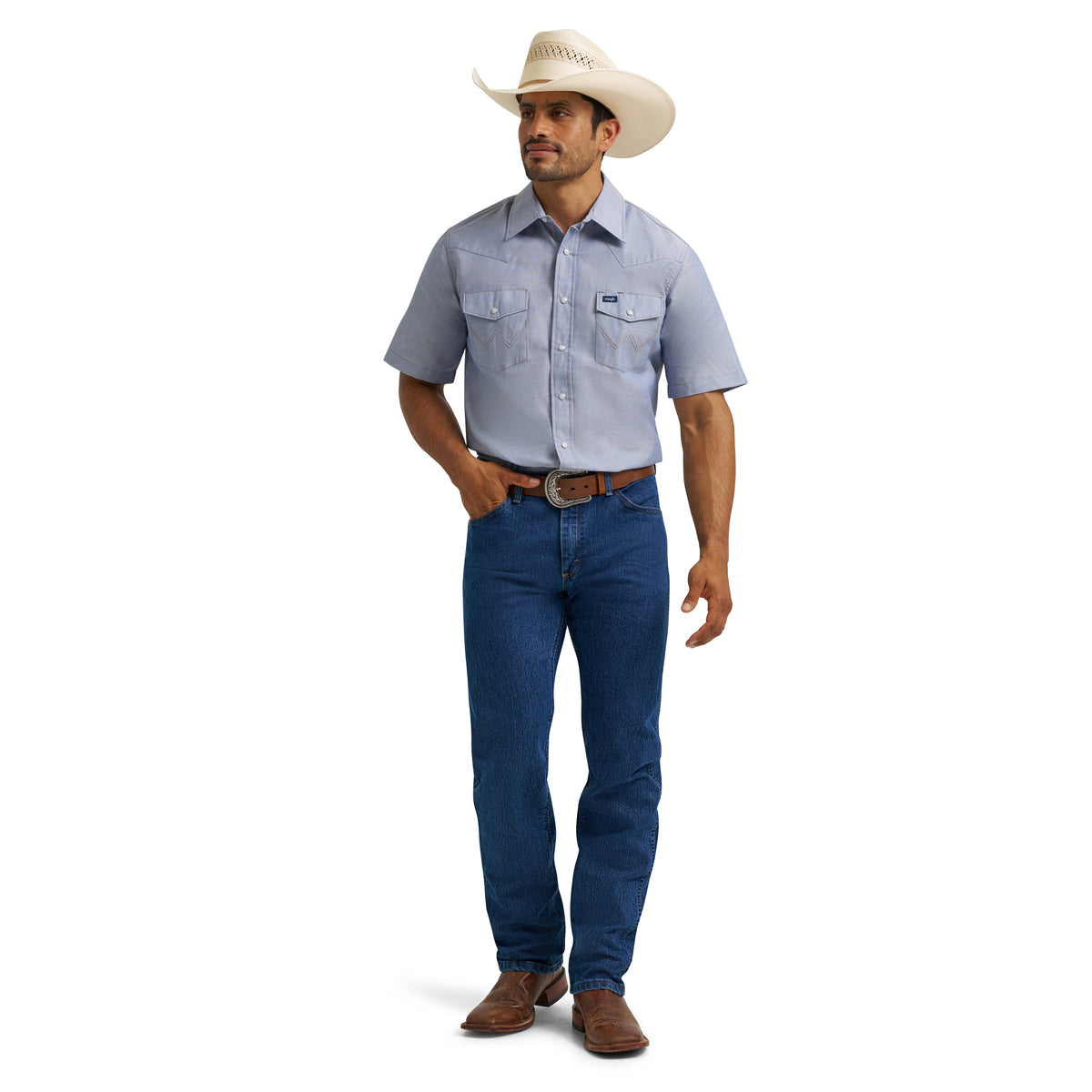 Men's Wrangler Denim Short Sleeve Polyester Work Shirt