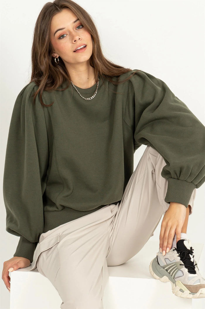 Women's Olive Puff Long Sleeve Top