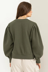 Women's Olive Puff Long Sleeve Top
