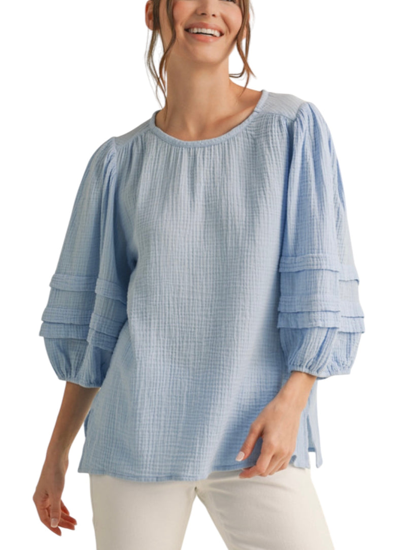 Ladies Blue Detailed Sleeve Blouse