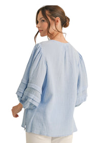 Ladies Blue Detailed Sleeve Blouse