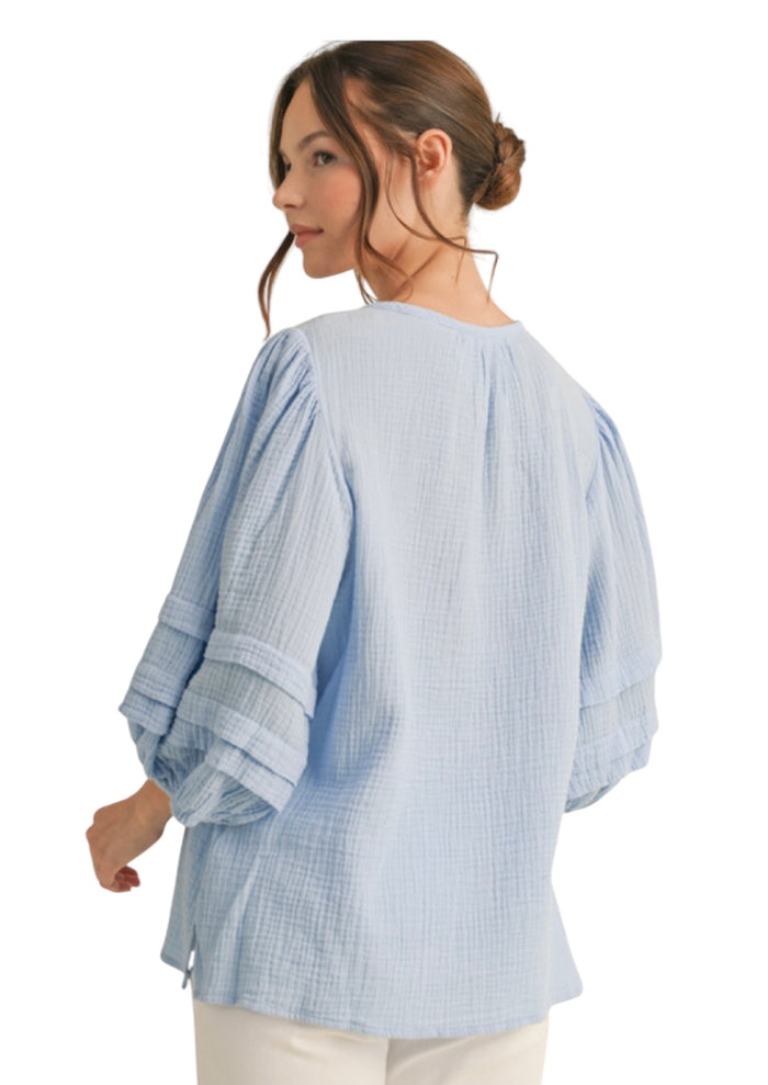 Ladies Blue Detailed Sleeve Blouse