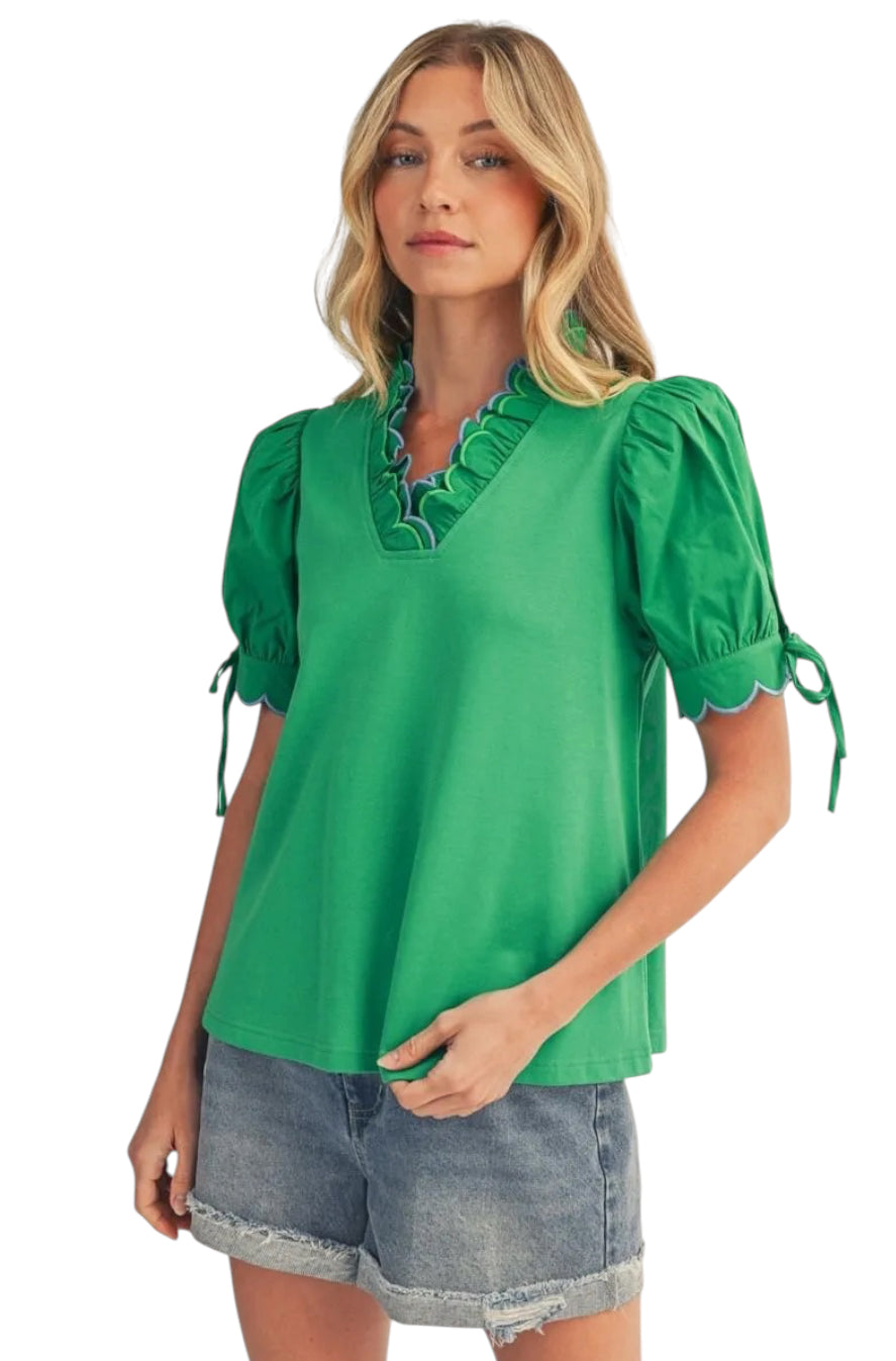 Ladies Kelly Green Scallop Blouse