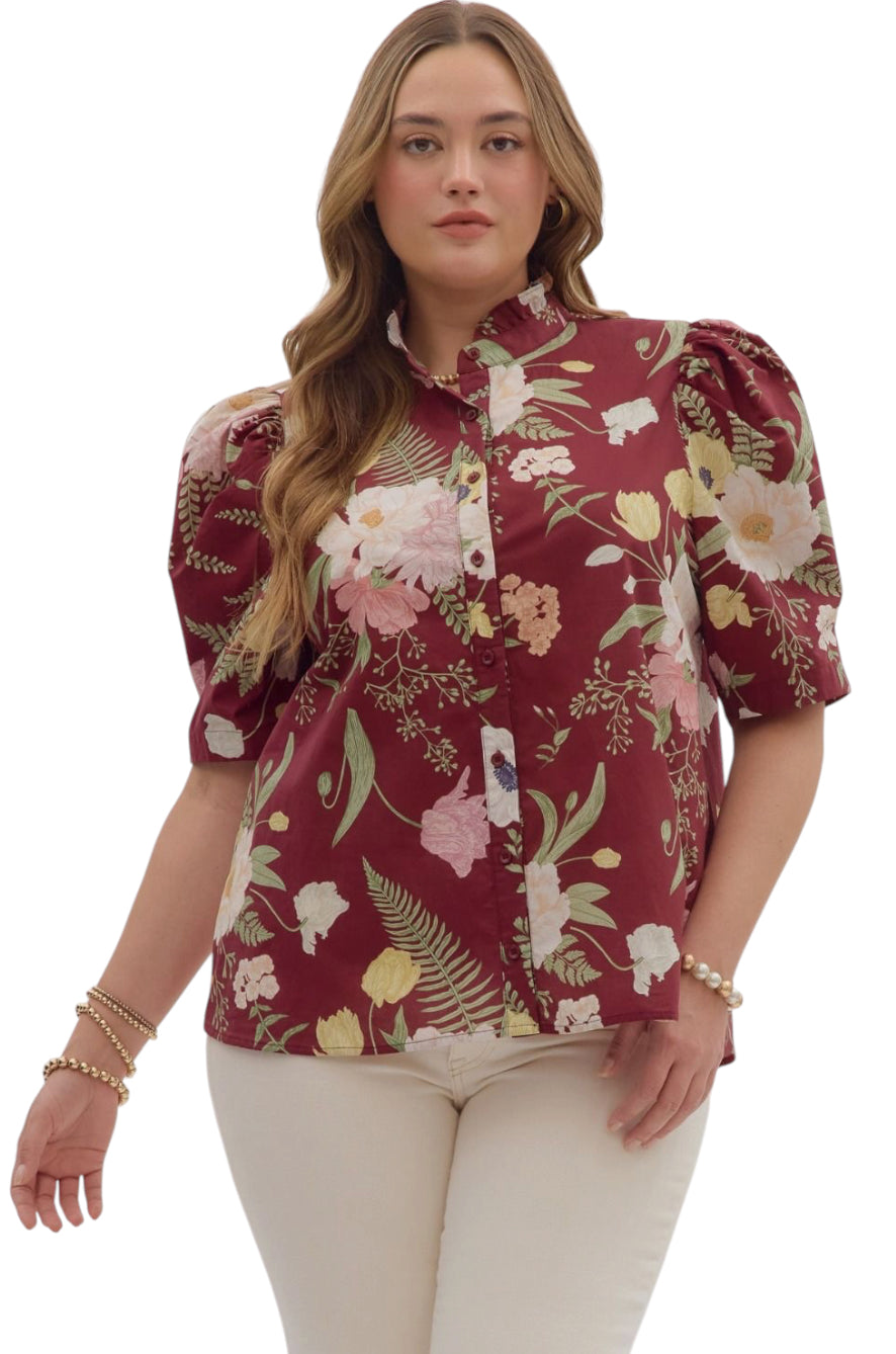 Ladies Burgundy Floral Blouse