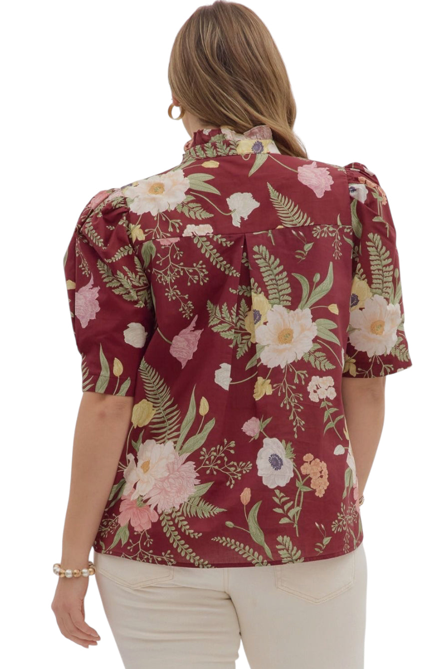 Ladies Burgundy Floral Blouse
