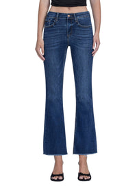 Ladies Mid Rise Dark Wash Frayed Hem Kick Flare Jeans