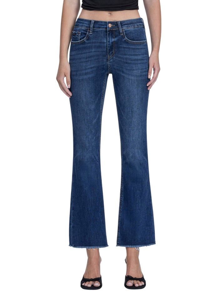 Ladies Mid Rise Dark Wash Frayed Hem Kick Flare Jeans