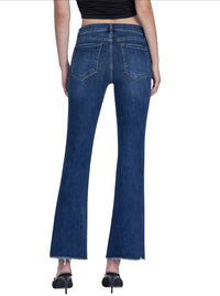 Ladies Mid Rise Dark Wash Frayed Hem Kick Flare Jeans