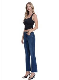 Ladies Mid Rise Dark Wash Frayed Hem Kick Flare Jeans