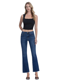 Ladies Mid Rise Dark Wash Frayed Hem Kick Flare Jeans