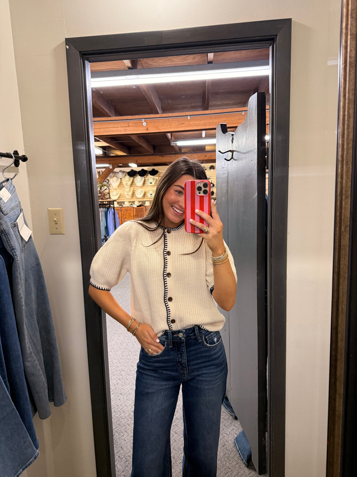 Ladies Oatmeal /Black Short-Sleeve Sweater