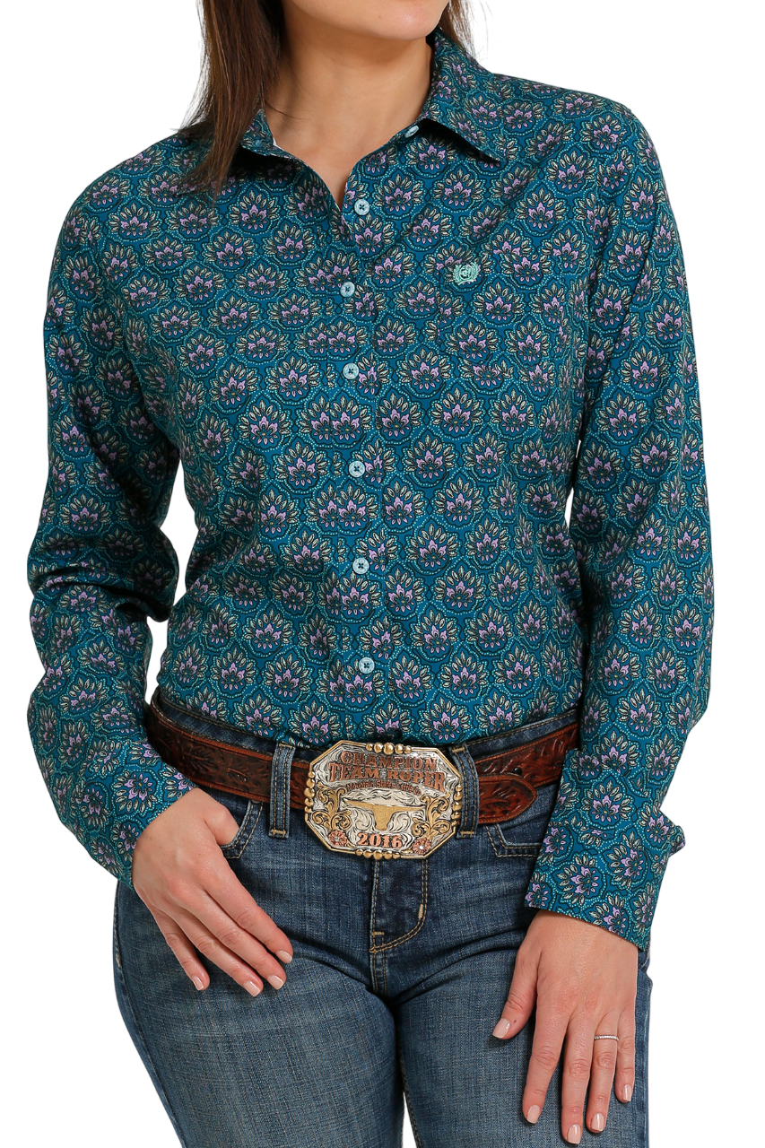 Women's Cinch Arenaflex Floral Teal Long Sleeve Shirt