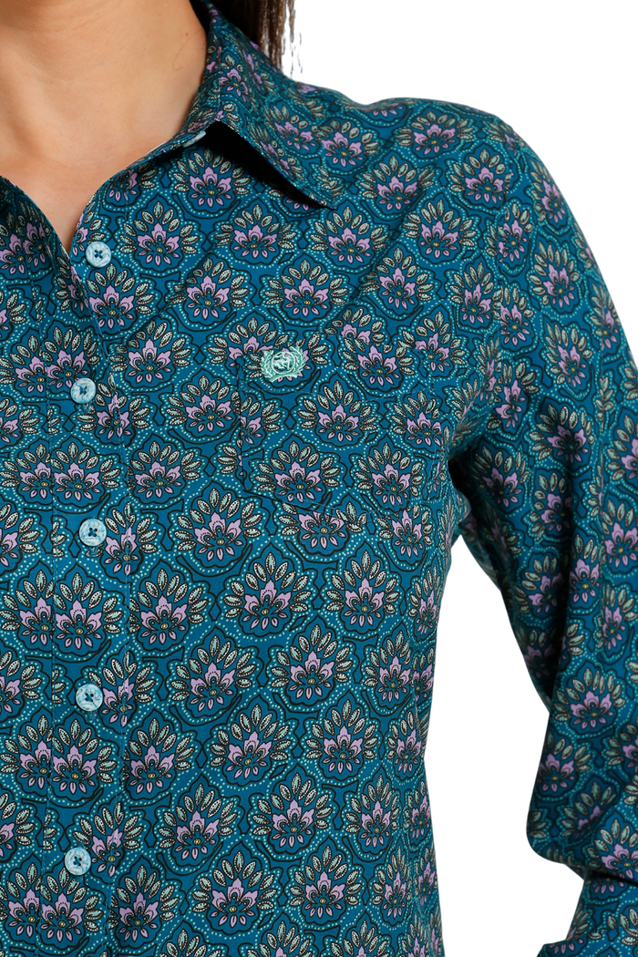 Women's Cinch Arenaflex Floral Teal Long Sleeve Shirt