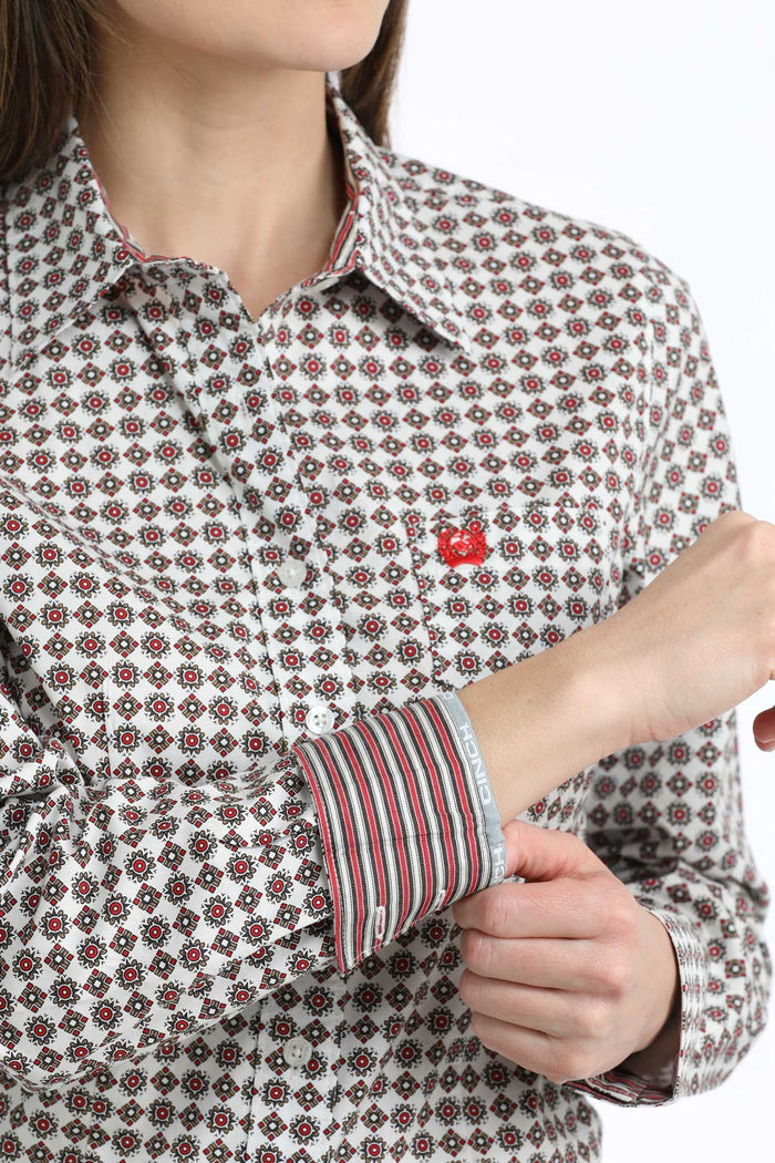 Ladies Cinch White/Rust Print Western Shirt