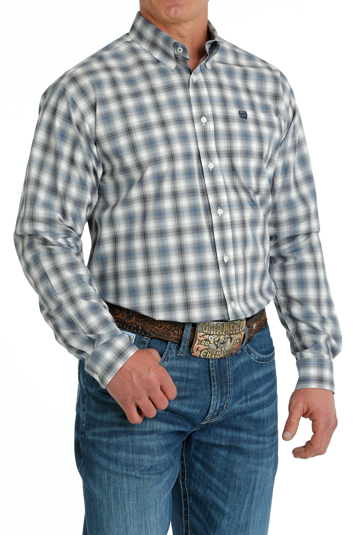 Men's Cinch Large Blue/White Plaid Button Down Shirt