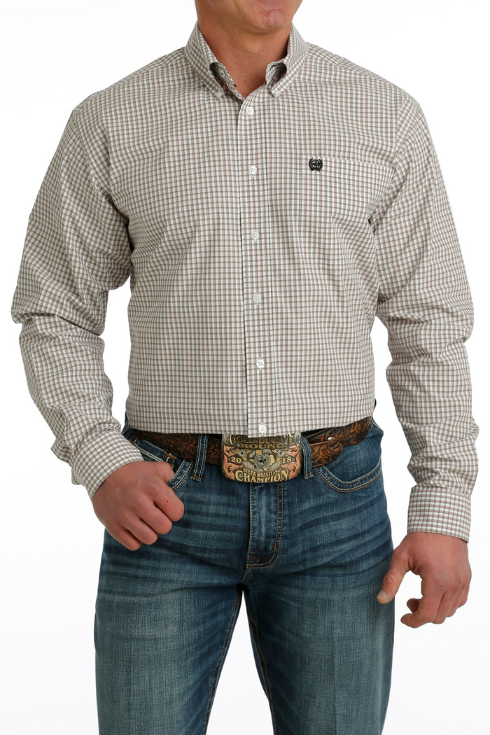 Men's Cinch Long Sleeve Light Brown Plaid Shirt