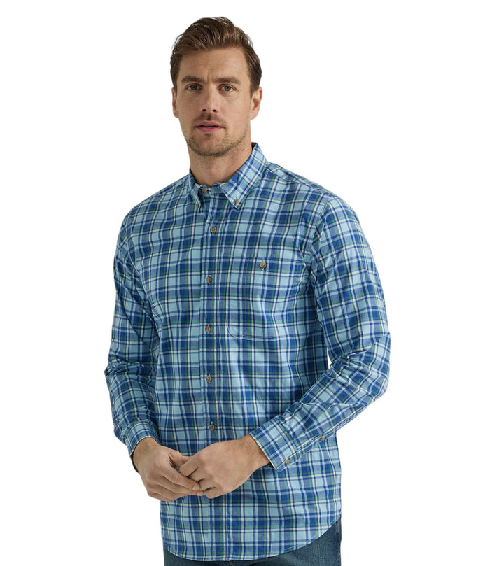 Men's Wrangler Long Sleeve Blue Plaid Shirt