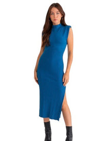Women's Royal Mock Neck Power Shoulder Ribbed Slit Dress