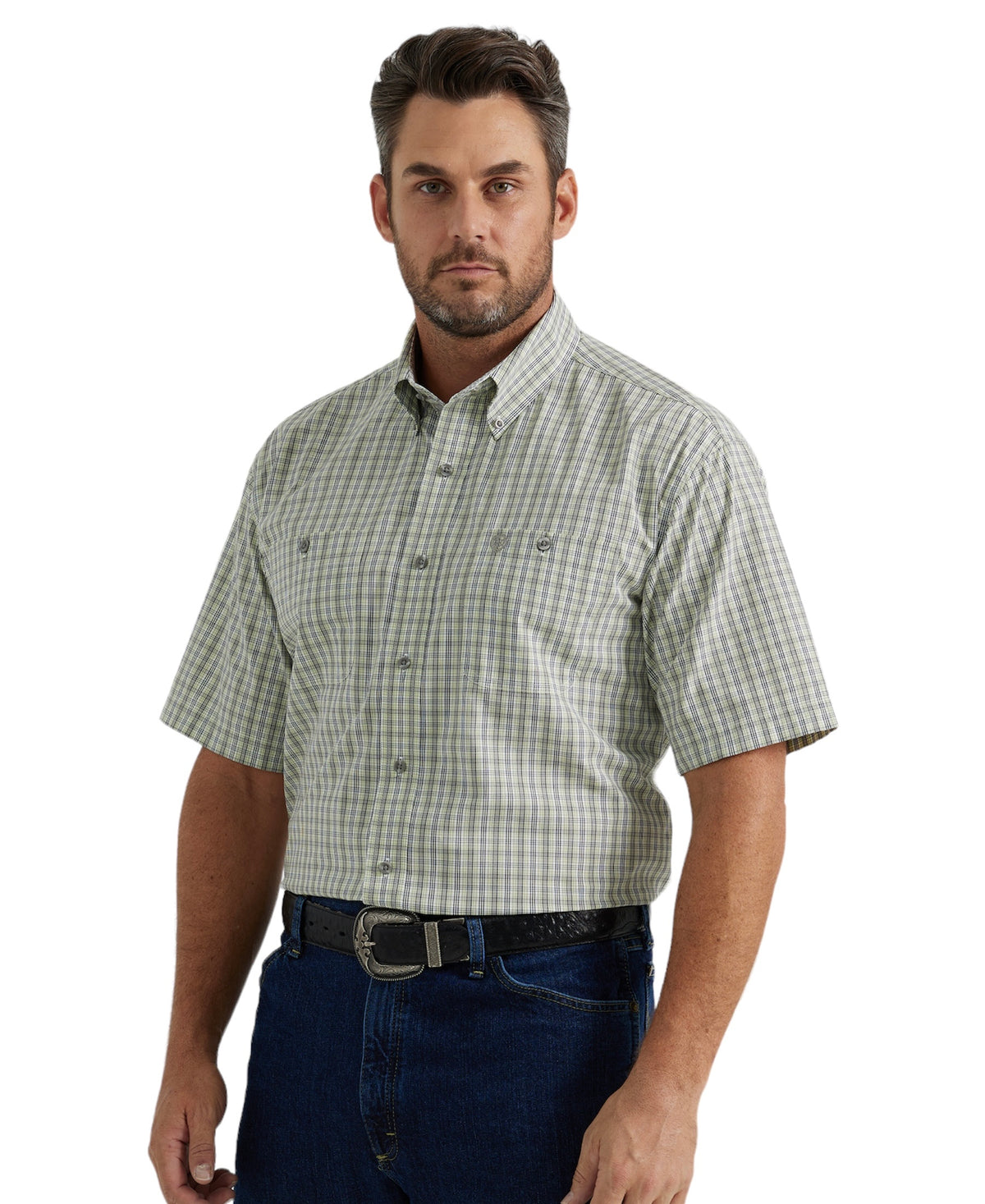 Men's Wrangler Short Sleeve Sage Plaid Shirt