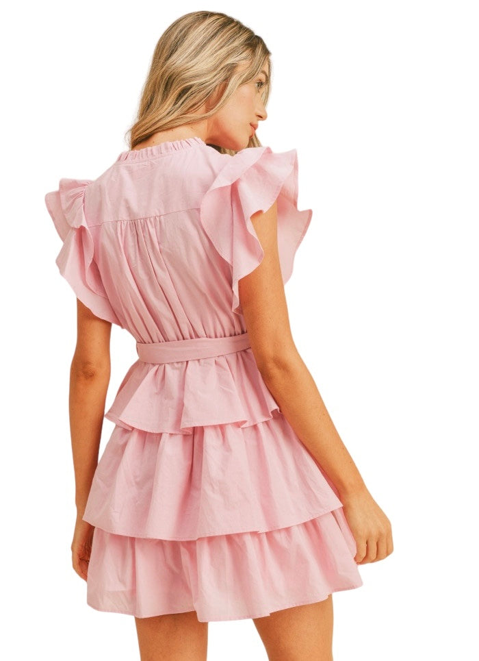 Ladies Pink Tiered Mini Ruffle Dress