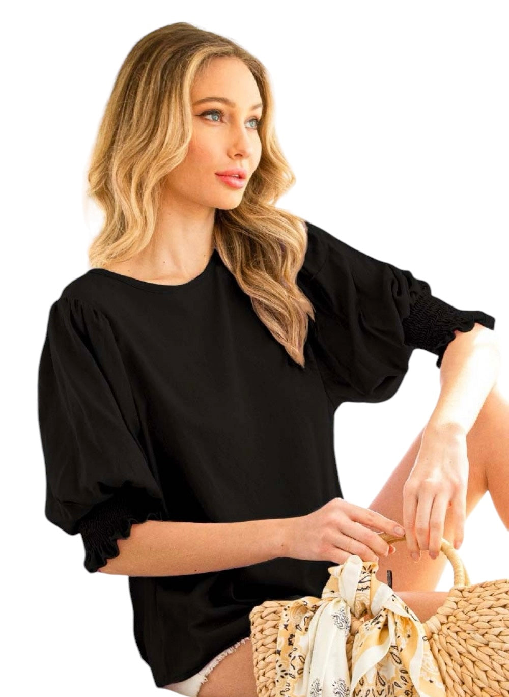 Ladies Round Neck Solid Puff Sleeve Blouse