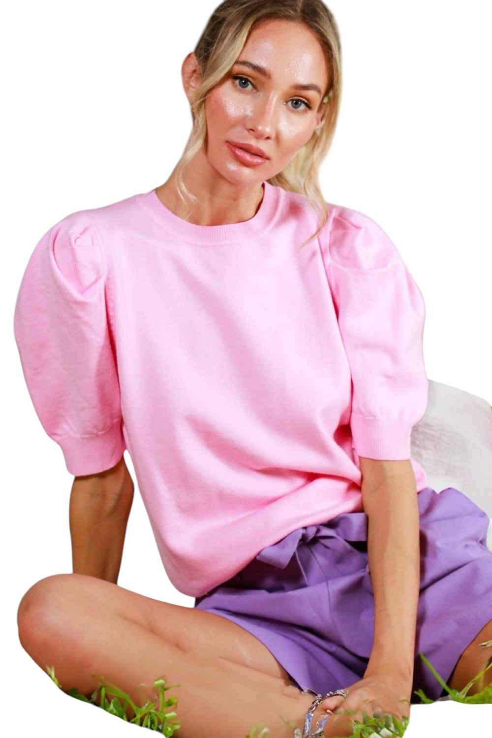 Ladies Light Pink Puff Sleeve Sweater