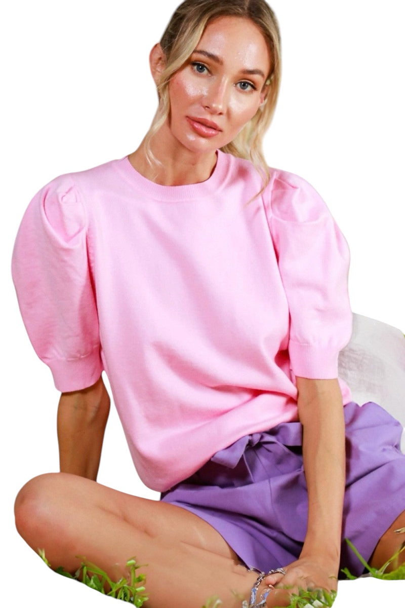 Ladies Light Pink Puff Sleeve Sweater