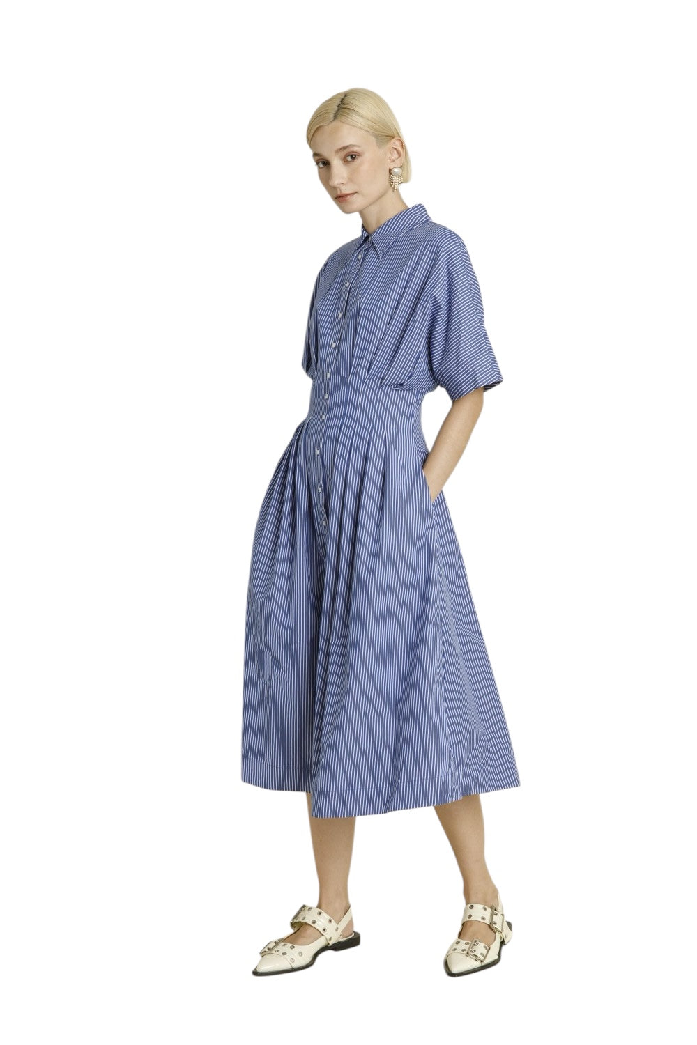 Ladies Navy Pinstripe Midi Dress
