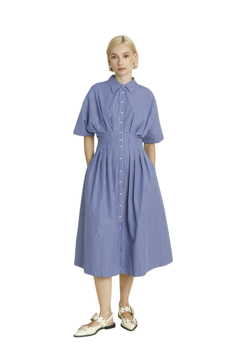 Ladies Navy Pinstripe Midi Dress