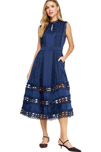Ladies Elegant Navy Crochet Trim Midi Dress