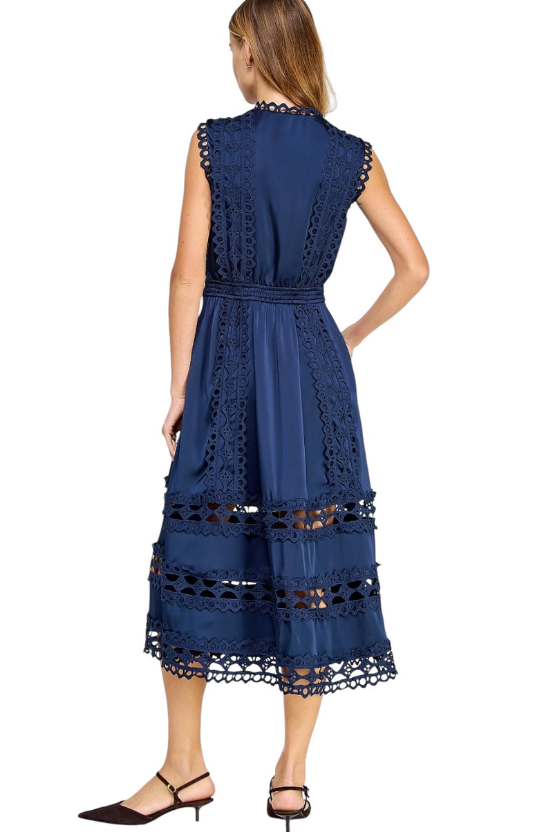 Ladies Elegant Navy Crochet Trim Midi Dress