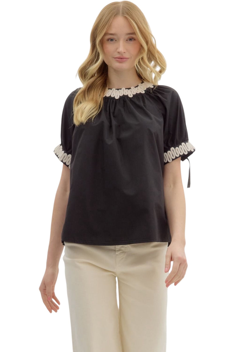 Ladies Black Appliqué Neckline Blouse