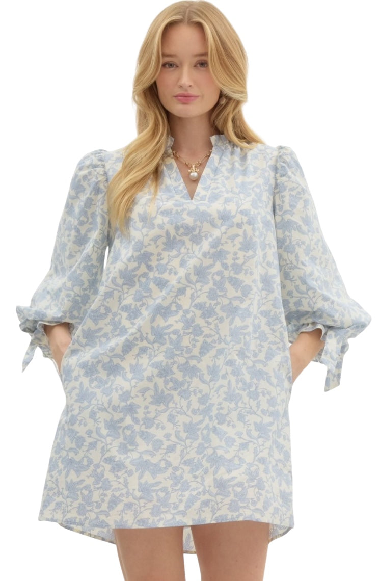 Ladies Blue Floral Brocade Dress