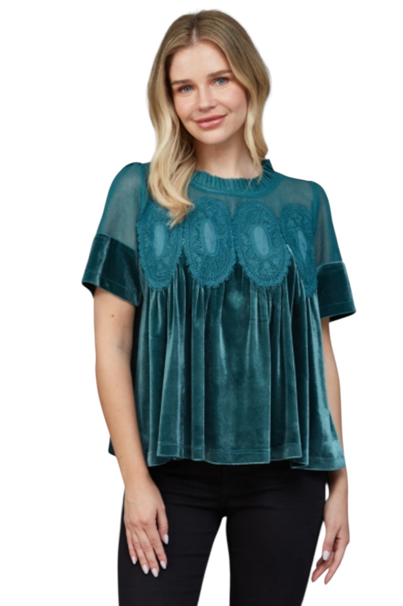 Ladies Teal Green Velvet Blouse