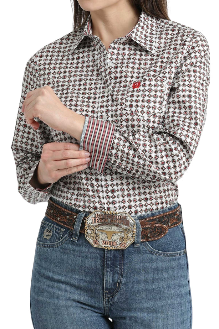 Ladies Cinch White/Rust Print Western Shirt