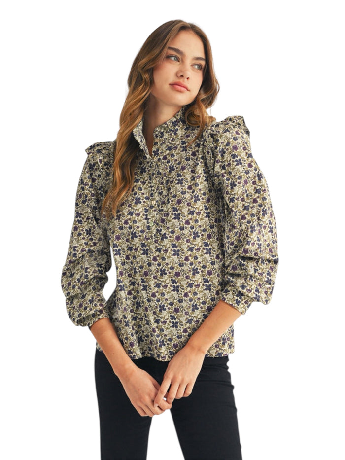 Ladies Ivory/Plum Floral Blouse