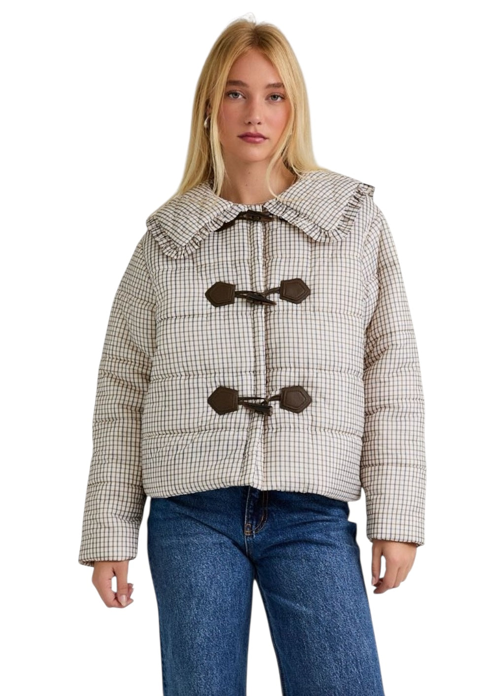 Ladies Cream/Brown Check Puffer Jacket