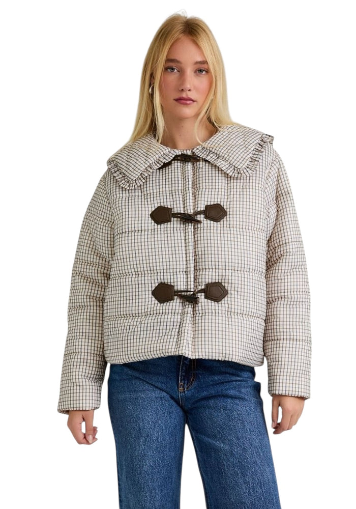 Ladies Cream/Brown Check Puffer Jacket
