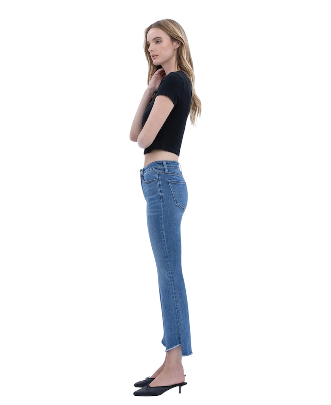 Ladies Vervet Mid Rise Raw Step Hem Kick Flare Jeans