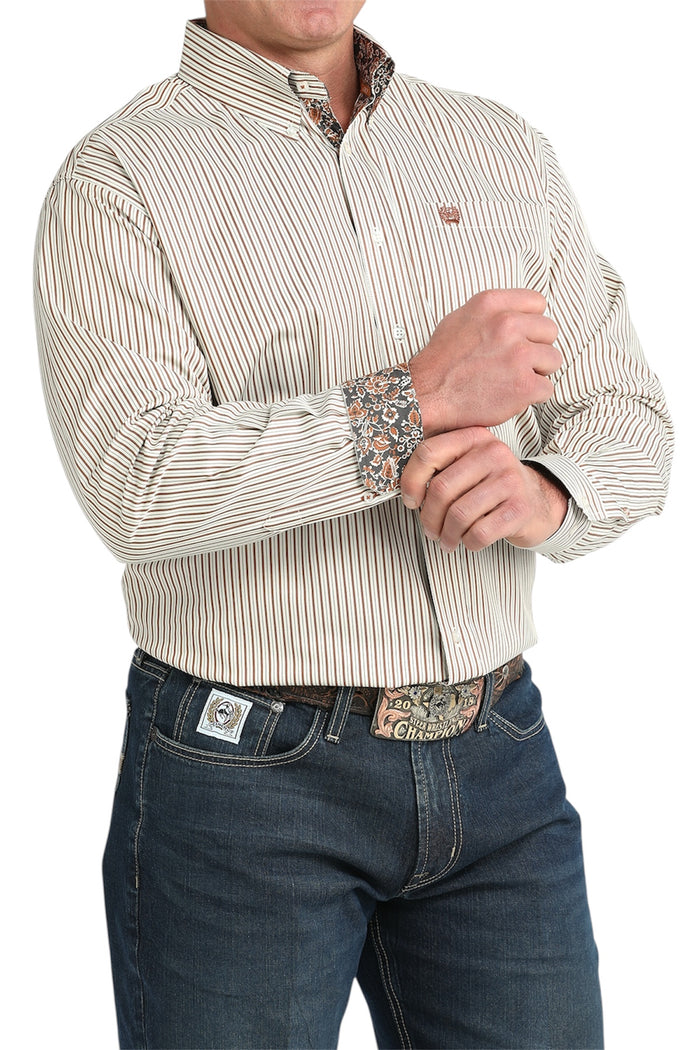 Men’s Cinch Tan and White Stripe Shirt