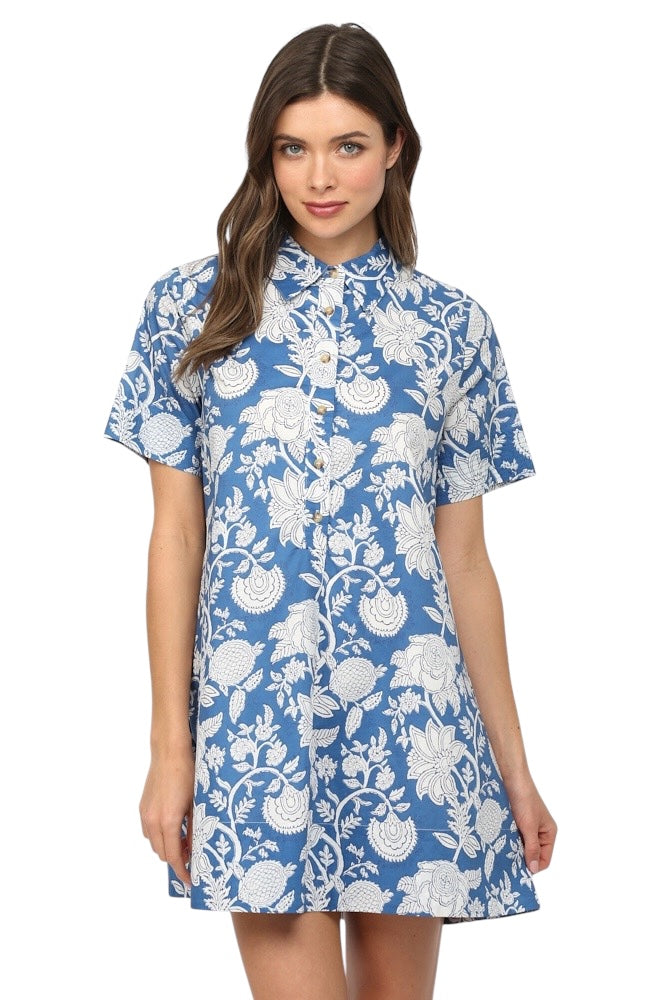 Ladies French Blue Floral Short Sleeve Dress  Frey Outfitters