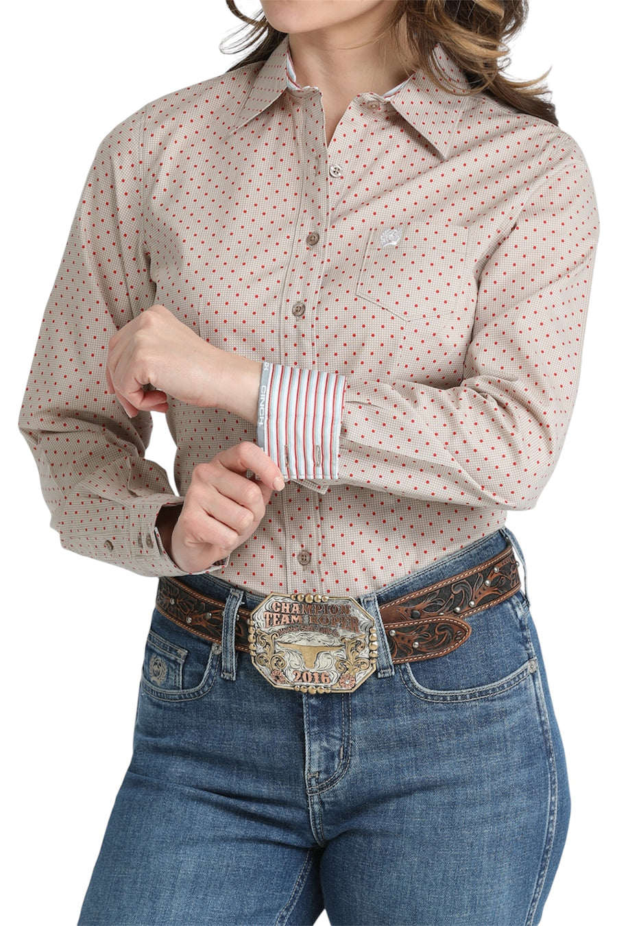 Ladies Cinch Tan/Coral Polka Dot Western Shirt