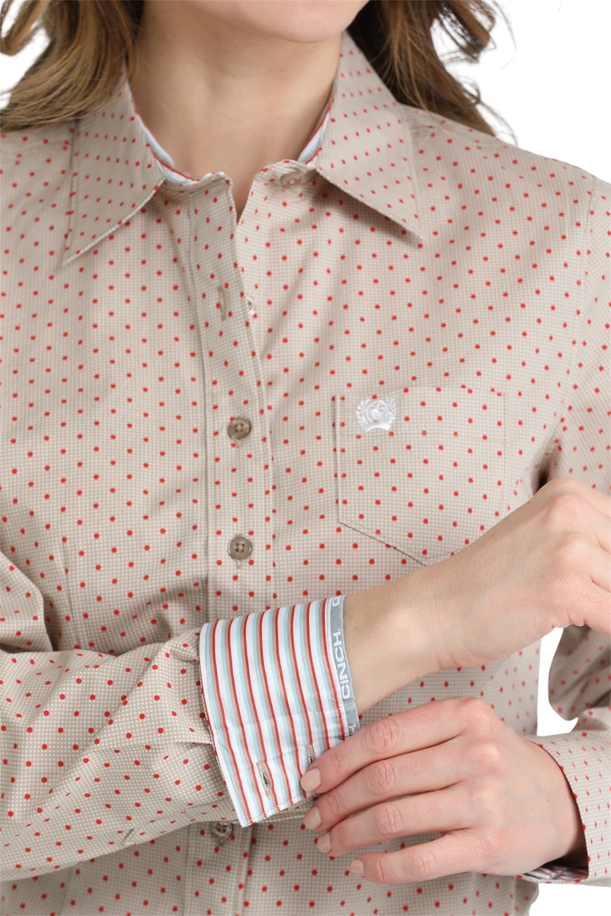 Ladies Cinch Tan/Coral Polka Dot Western Shirt