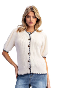 Ladies Oatmeal /Black Short-Sleeve Sweater