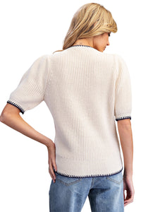 Ladies Oatmeal /Black Short-Sleeve Sweater