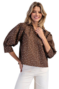 Ladies Mocha Brown Polka Dot Blouse