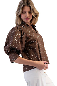 Ladies Mocha Brown Polka Dot Blouse