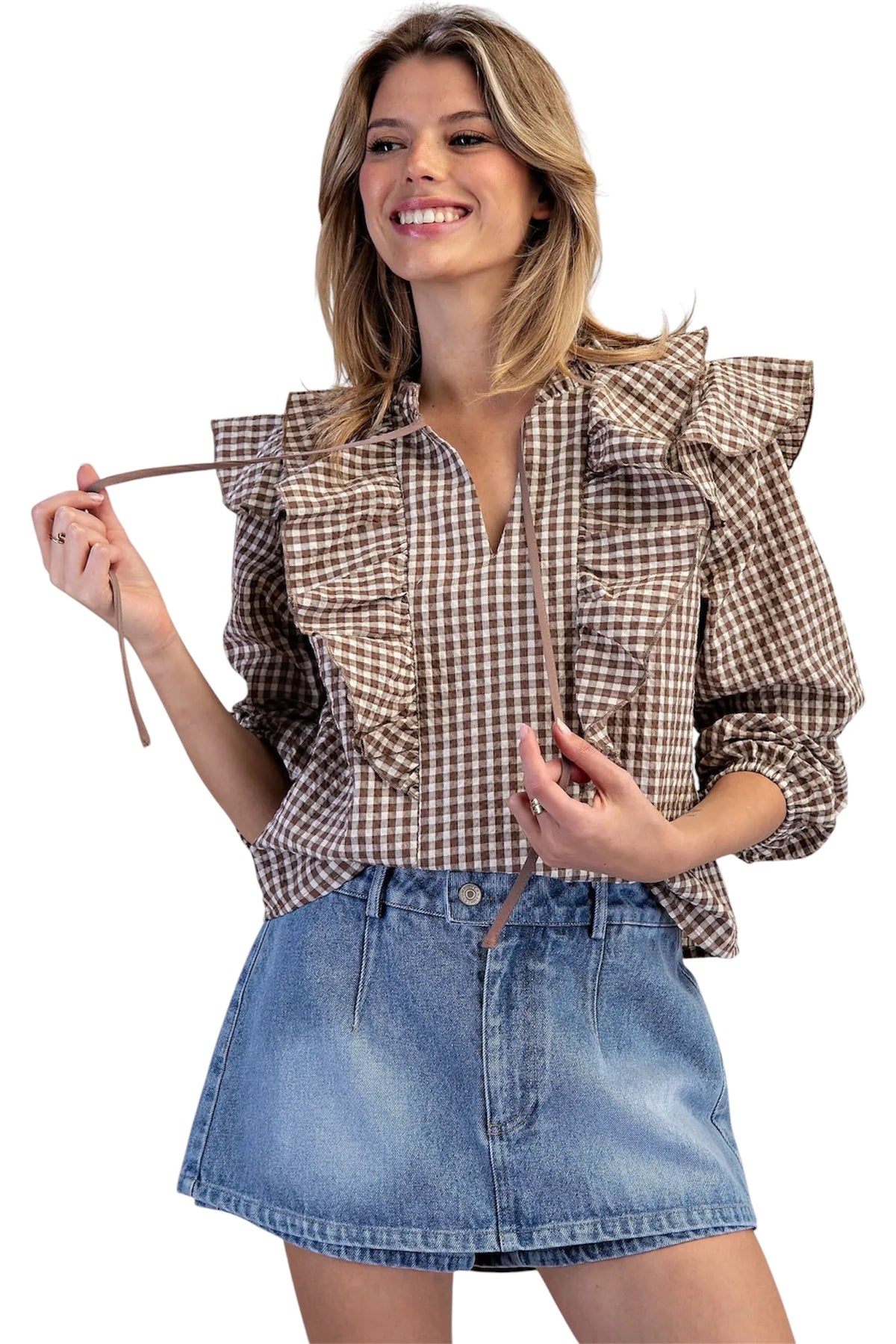 Ladies Mocha Brown Gingham Long Sleeve Blouse