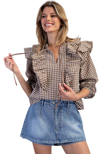 Ladies Mocha Brown Gingham Long Sleeve Blouse