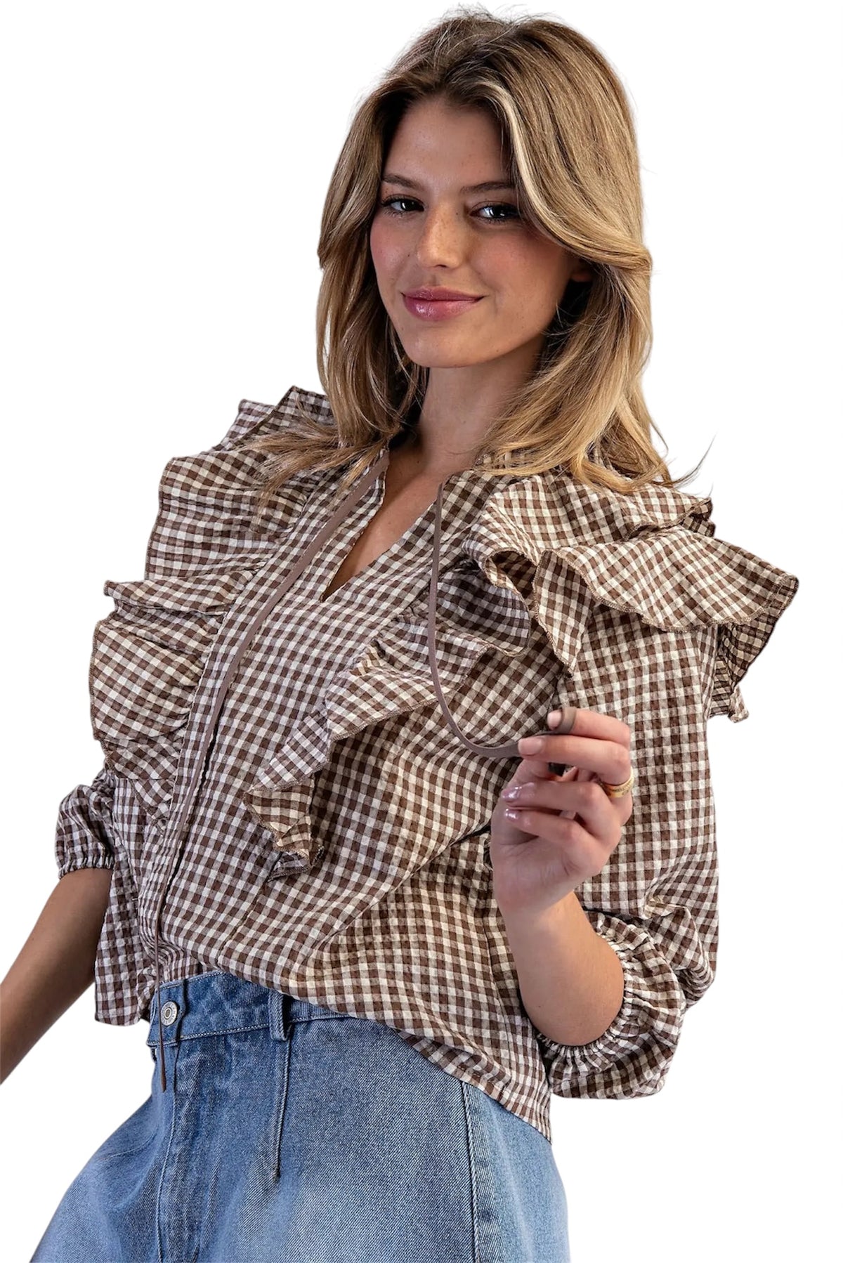 Ladies Mocha Brown Gingham Long Sleeve Blouse